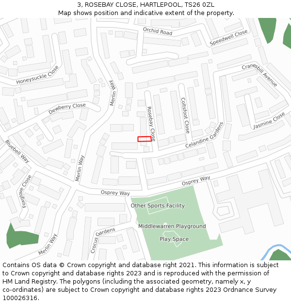 3, ROSEBAY CLOSE, HARTLEPOOL, TS26 0ZL: Location map and indicative extent of plot