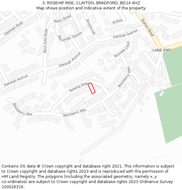 3, ROSEHIP RISE, CLAYTON, BRADFORD, BD14 6HZ: Location map and indicative extent of plot