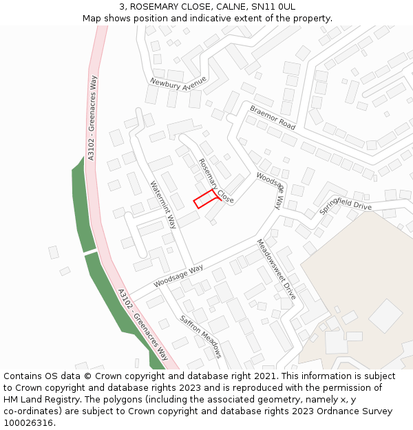 3, ROSEMARY CLOSE, CALNE, SN11 0UL: Location map and indicative extent of plot