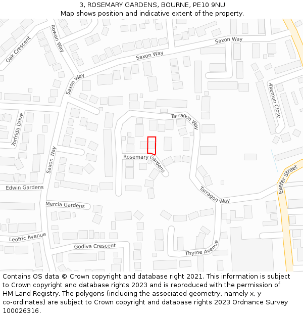 3, ROSEMARY GARDENS, BOURNE, PE10 9NU: Location map and indicative extent of plot