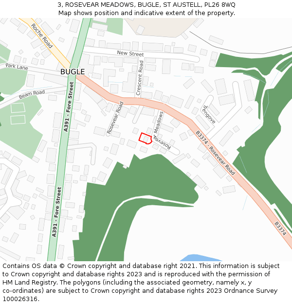 3, ROSEVEAR MEADOWS, BUGLE, ST AUSTELL, PL26 8WQ: Location map and indicative extent of plot