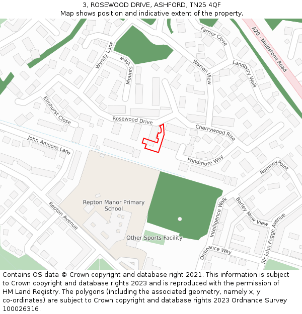 3, ROSEWOOD DRIVE, ASHFORD, TN25 4QF: Location map and indicative extent of plot