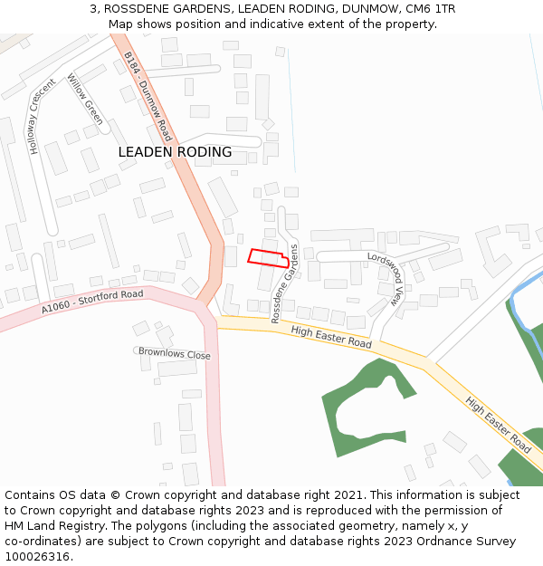 3, ROSSDENE GARDENS, LEADEN RODING, DUNMOW, CM6 1TR: Location map and indicative extent of plot