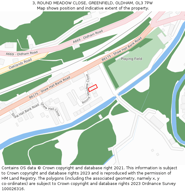 3, ROUND MEADOW CLOSE, GREENFIELD, OLDHAM, OL3 7PW: Location map and indicative extent of plot