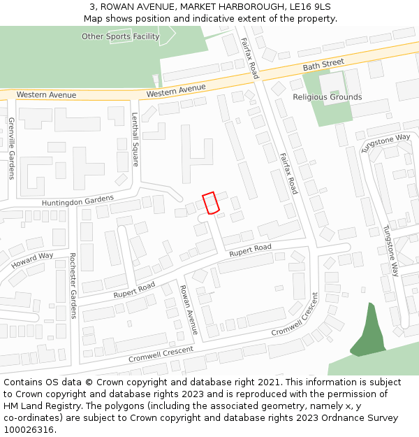 3, ROWAN AVENUE, MARKET HARBOROUGH, LE16 9LS: Location map and indicative extent of plot