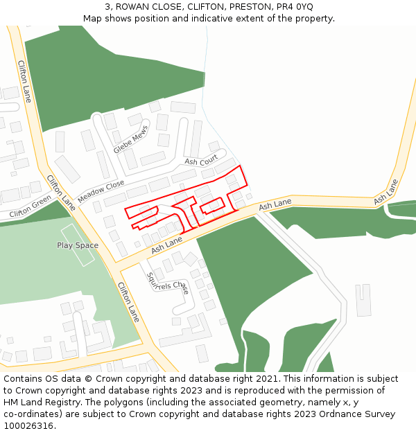 3, ROWAN CLOSE, CLIFTON, PRESTON, PR4 0YQ: Location map and indicative extent of plot