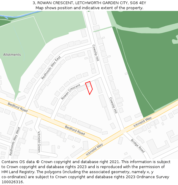 3, ROWAN CRESCENT, LETCHWORTH GARDEN CITY, SG6 4EY: Location map and indicative extent of plot