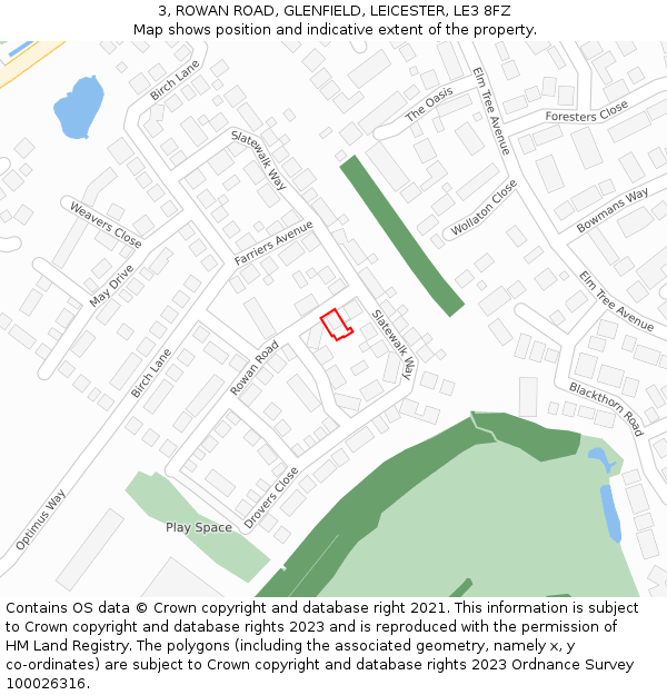 3, ROWAN ROAD, GLENFIELD, LEICESTER, LE3 8FZ: Location map and indicative extent of plot