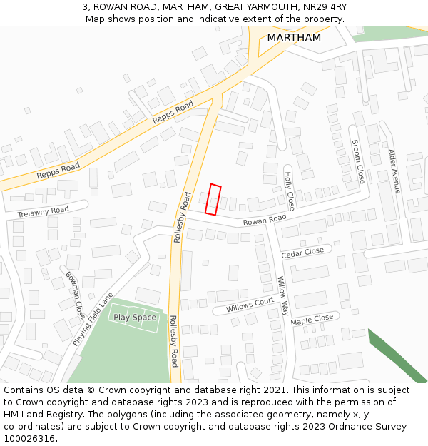 3, ROWAN ROAD, MARTHAM, GREAT YARMOUTH, NR29 4RY: Location map and indicative extent of plot