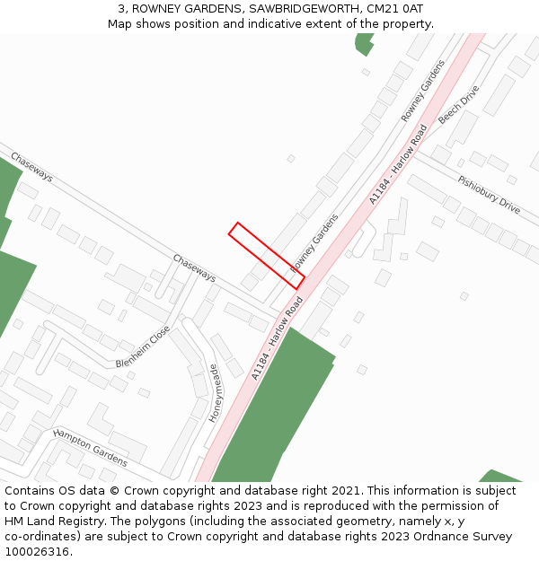 3, ROWNEY GARDENS, SAWBRIDGEWORTH, CM21 0AT: Location map and indicative extent of plot