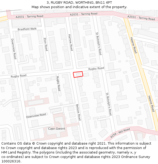 3, RUGBY ROAD, WORTHING, BN11 4PT: Location map and indicative extent of plot