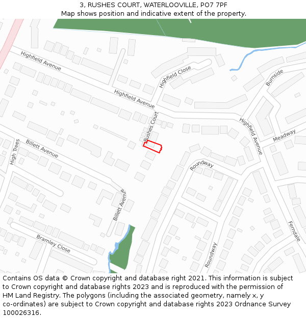 3, RUSHES COURT, WATERLOOVILLE, PO7 7PF: Location map and indicative extent of plot