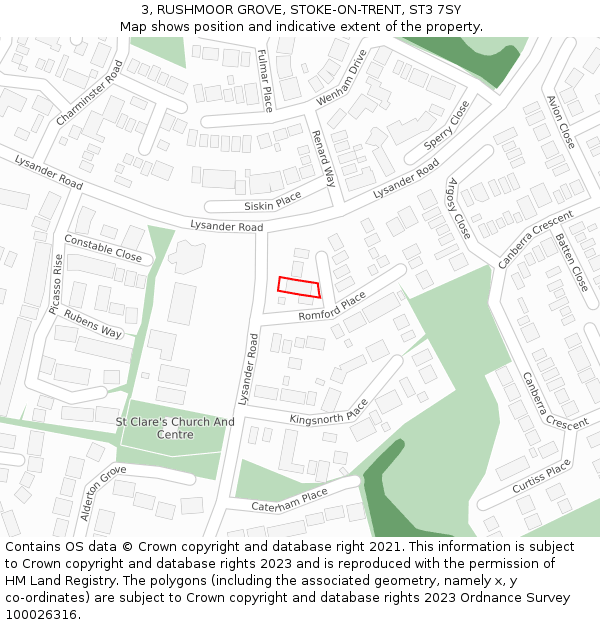 3, RUSHMOOR GROVE, STOKE-ON-TRENT, ST3 7SY: Location map and indicative extent of plot