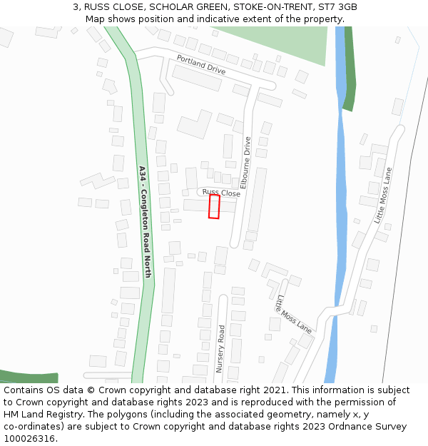 3, RUSS CLOSE, SCHOLAR GREEN, STOKE-ON-TRENT, ST7 3GB: Location map and indicative extent of plot