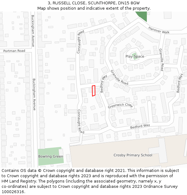 3, RUSSELL CLOSE, SCUNTHORPE, DN15 8GW: Location map and indicative extent of plot