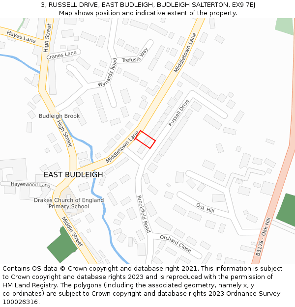 3, RUSSELL DRIVE, EAST BUDLEIGH, BUDLEIGH SALTERTON, EX9 7EJ: Location map and indicative extent of plot