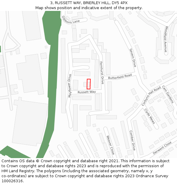 3, RUSSETT WAY, BRIERLEY HILL, DY5 4PX: Location map and indicative extent of plot