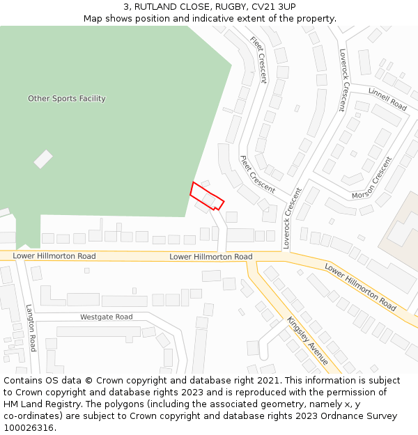 3, RUTLAND CLOSE, RUGBY, CV21 3UP: Location map and indicative extent of plot