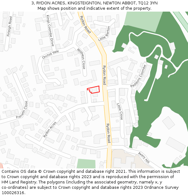 3, RYDON ACRES, KINGSTEIGNTON, NEWTON ABBOT, TQ12 3YN: Location map and indicative extent of plot