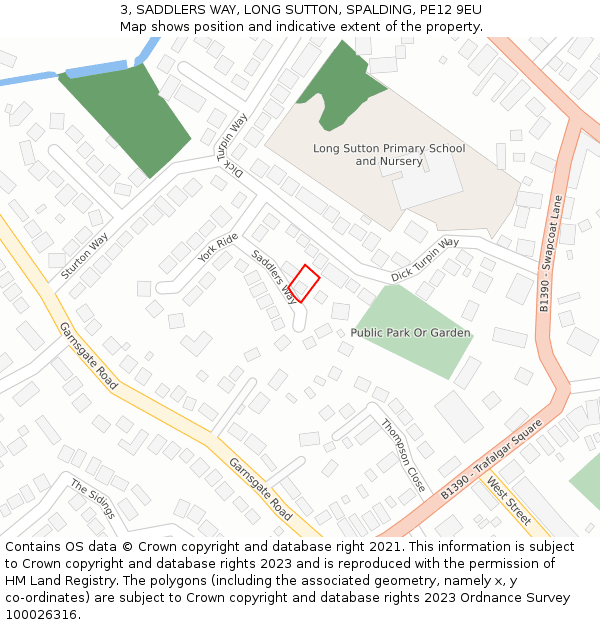3, SADDLERS WAY, LONG SUTTON, SPALDING, PE12 9EU: Location map and indicative extent of plot