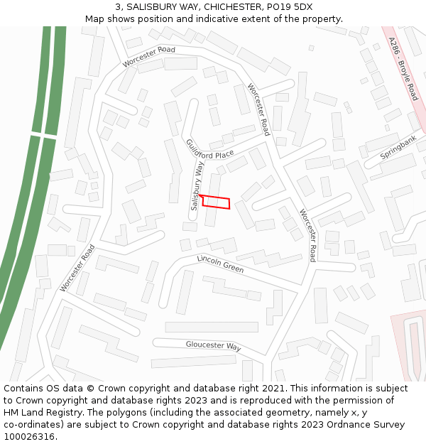 3, SALISBURY WAY, CHICHESTER, PO19 5DX: Location map and indicative extent of plot