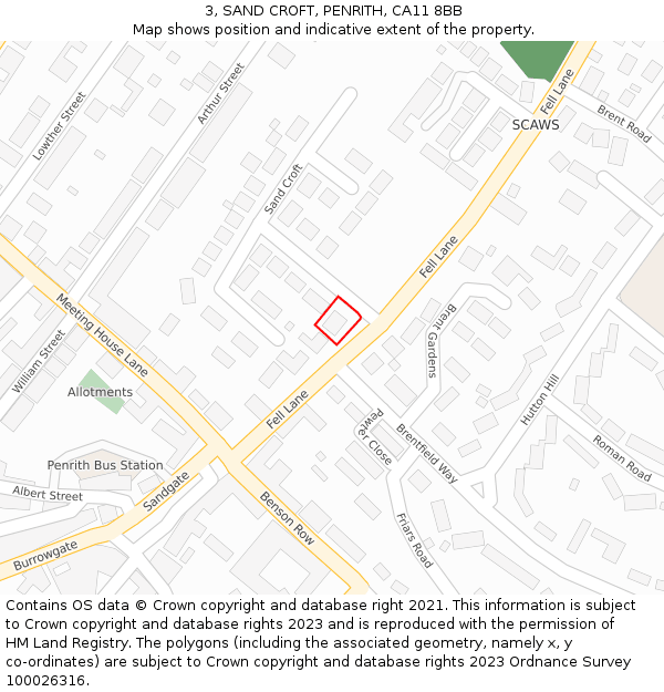 3, SAND CROFT, PENRITH, CA11 8BB: Location map and indicative extent of plot