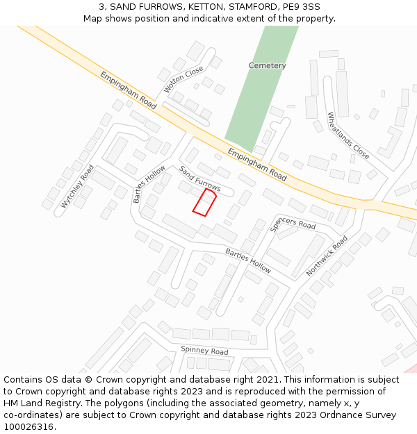 3, SAND FURROWS, KETTON, STAMFORD, PE9 3SS: Location map and indicative extent of plot