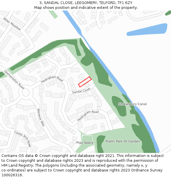 3, SANDAL CLOSE, LEEGOMERY, TELFORD, TF1 6ZY: Location map and indicative extent of plot