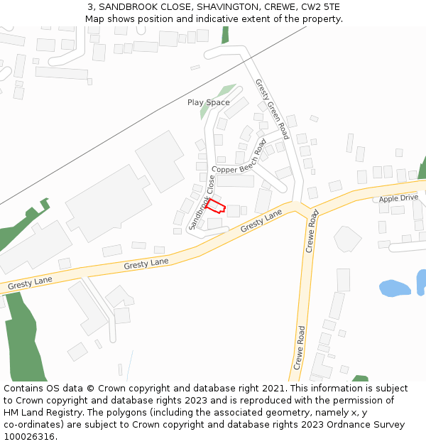 3, SANDBROOK CLOSE, SHAVINGTON, CREWE, CW2 5TE: Location map and indicative extent of plot