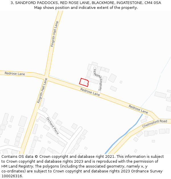 3, SANDFORD PADDOCKS, RED ROSE LANE, BLACKMORE, INGATESTONE, CM4 0SA: Location map and indicative extent of plot