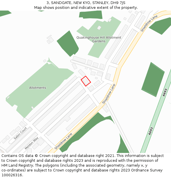 3, SANDGATE, NEW KYO, STANLEY, DH9 7JS: Location map and indicative extent of plot