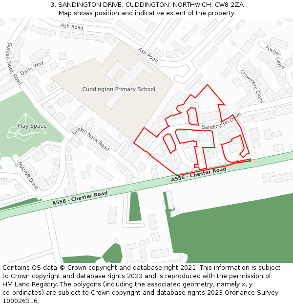3, SANDINGTON DRIVE, CUDDINGTON, NORTHWICH, CW8 2ZA: Location map and indicative extent of plot