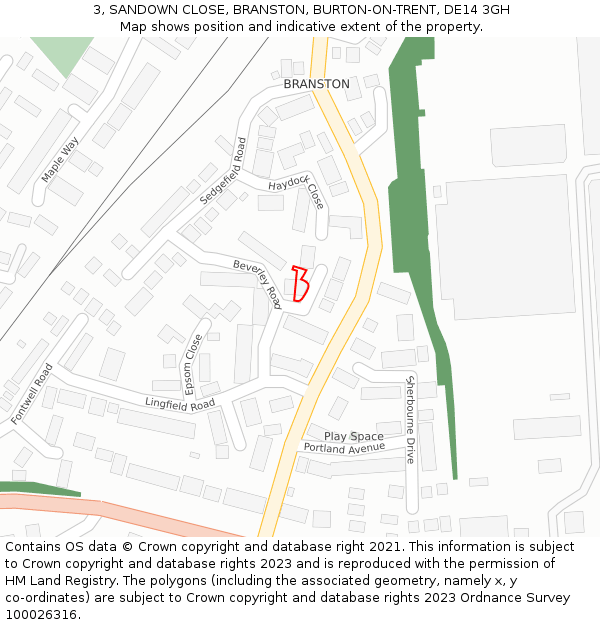 3, SANDOWN CLOSE, BRANSTON, BURTON-ON-TRENT, DE14 3GH: Location map and indicative extent of plot