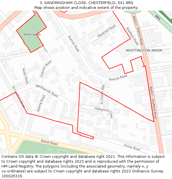 3, SANDRINGHAM CLOSE, CHESTERFIELD, S41 8RQ: Location map and indicative extent of plot