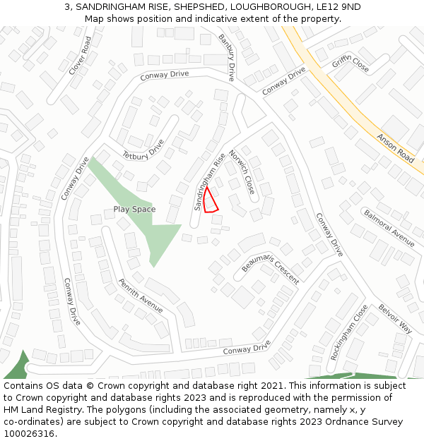 3, SANDRINGHAM RISE, SHEPSHED, LOUGHBOROUGH, LE12 9ND: Location map and indicative extent of plot