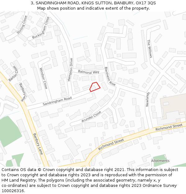 3, SANDRINGHAM ROAD, KINGS SUTTON, BANBURY, OX17 3QS: Location map and indicative extent of plot