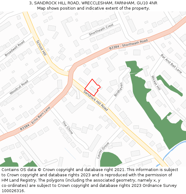 3, SANDROCK HILL ROAD, WRECCLESHAM, FARNHAM, GU10 4NR: Location map and indicative extent of plot