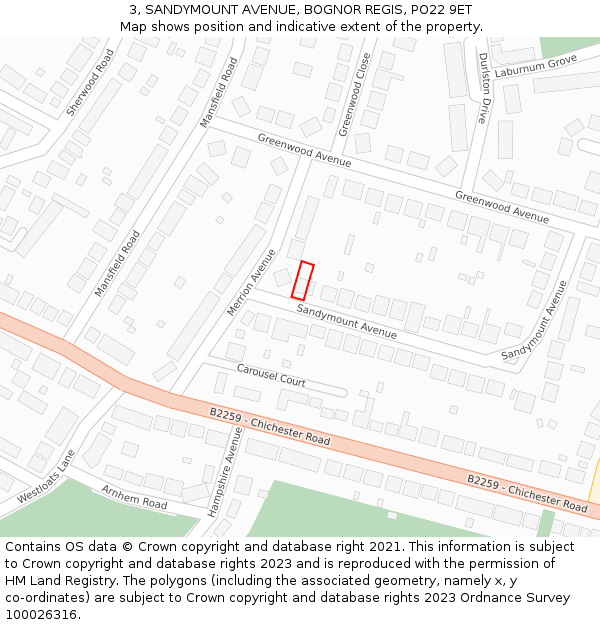 3, SANDYMOUNT AVENUE, BOGNOR REGIS, PO22 9ET: Location map and indicative extent of plot