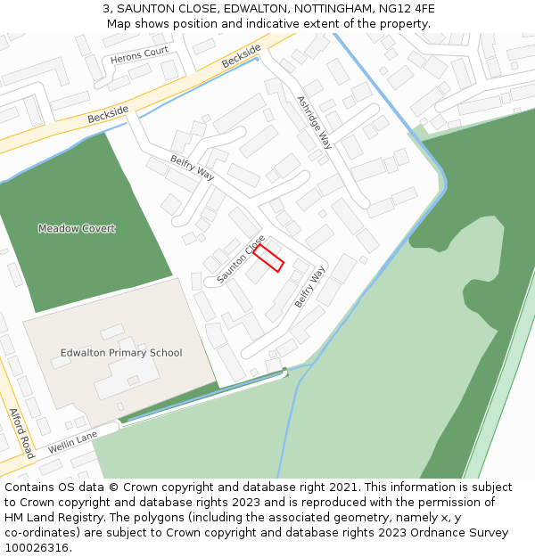 3, SAUNTON CLOSE, EDWALTON, NOTTINGHAM, NG12 4FE: Location map and indicative extent of plot