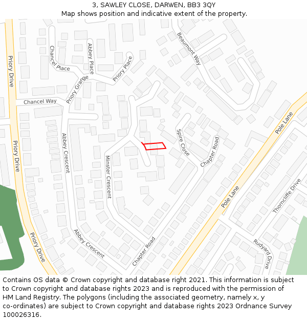 3, SAWLEY CLOSE, DARWEN, BB3 3QY: Location map and indicative extent of plot