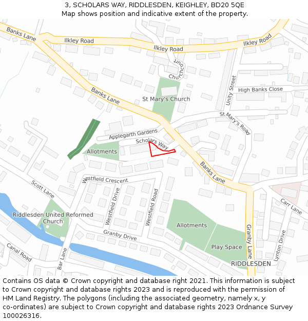 3, SCHOLARS WAY, RIDDLESDEN, KEIGHLEY, BD20 5QE: Location map and indicative extent of plot