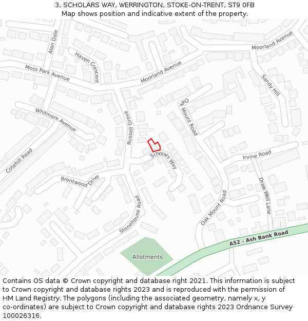 3, SCHOLARS WAY, WERRINGTON, STOKE-ON-TRENT, ST9 0FB: Location map and indicative extent of plot