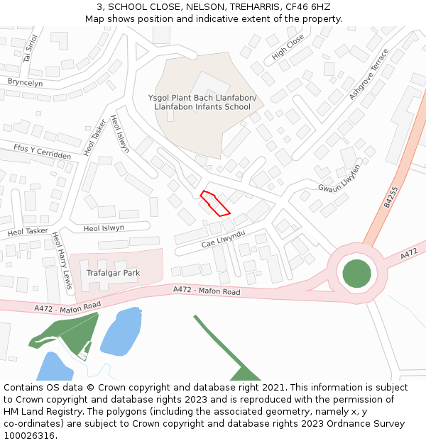 3, SCHOOL CLOSE, NELSON, TREHARRIS, CF46 6HZ: Location map and indicative extent of plot