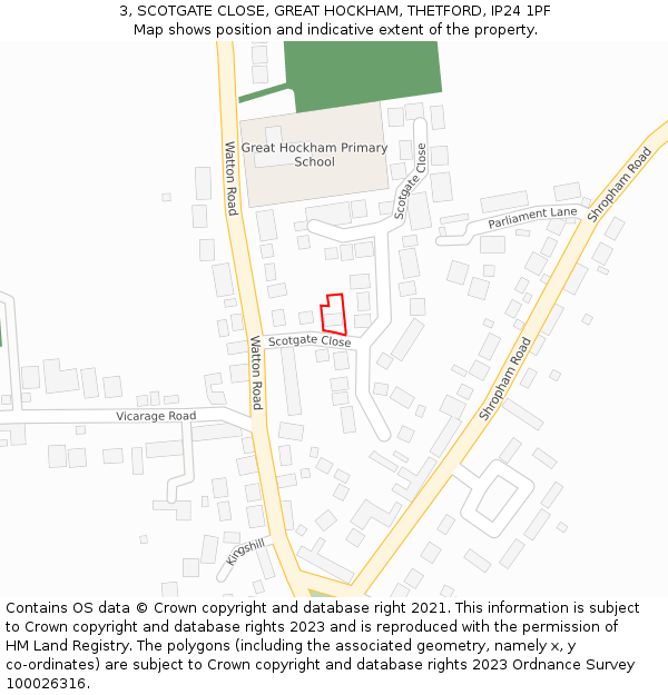 3, SCOTGATE CLOSE, GREAT HOCKHAM, THETFORD, IP24 1PF: Location map and indicative extent of plot