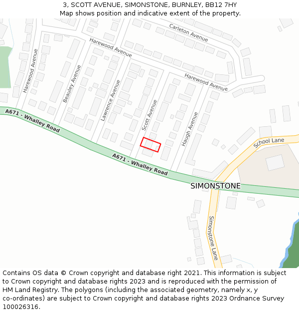 3, SCOTT AVENUE, SIMONSTONE, BURNLEY, BB12 7HY: Location map and indicative extent of plot