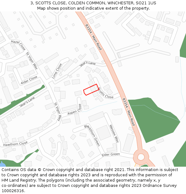 3, SCOTTS CLOSE, COLDEN COMMON, WINCHESTER, SO21 1US: Location map and indicative extent of plot