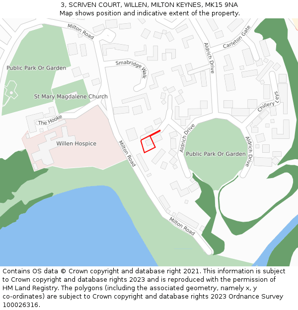 3, SCRIVEN COURT, WILLEN, MILTON KEYNES, MK15 9NA: Location map and indicative extent of plot