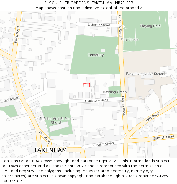 3, SCULPHER GARDENS, FAKENHAM, NR21 9FB: Location map and indicative extent of plot