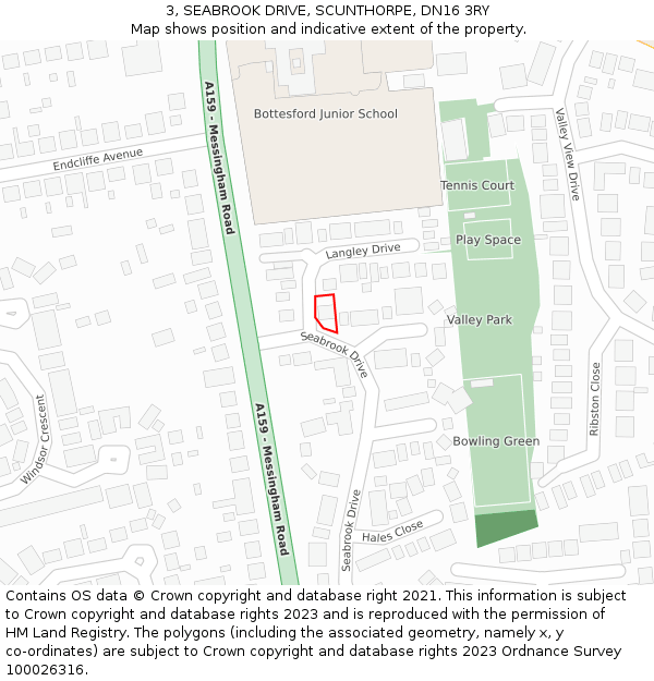 3, SEABROOK DRIVE, SCUNTHORPE, DN16 3RY: Location map and indicative extent of plot