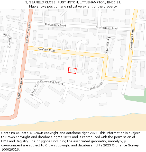 3, SEAFIELD CLOSE, RUSTINGTON, LITTLEHAMPTON, BN16 2JL: Location map and indicative extent of plot